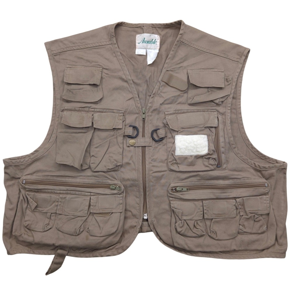 VTG Ausable Fishing Utility‎ Vest Multi Pocket Outdoors Beige Mens Large